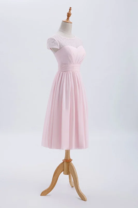 Batwing sleeve dresses for womenPrincess Pink Chiffon and Lace Short Sleeves Bridesmaid Dress