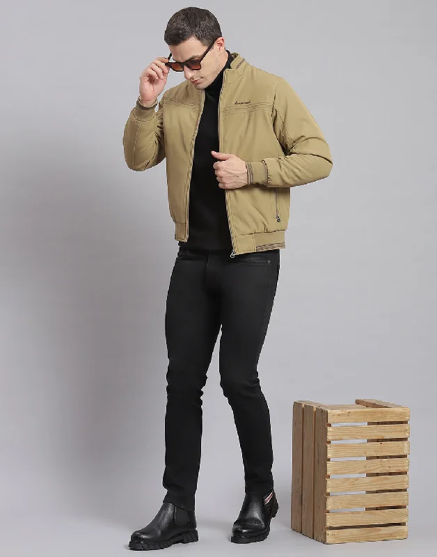 men's belted trench coatsMen Beige Solid Stand Collar Full Sleeve Jacket