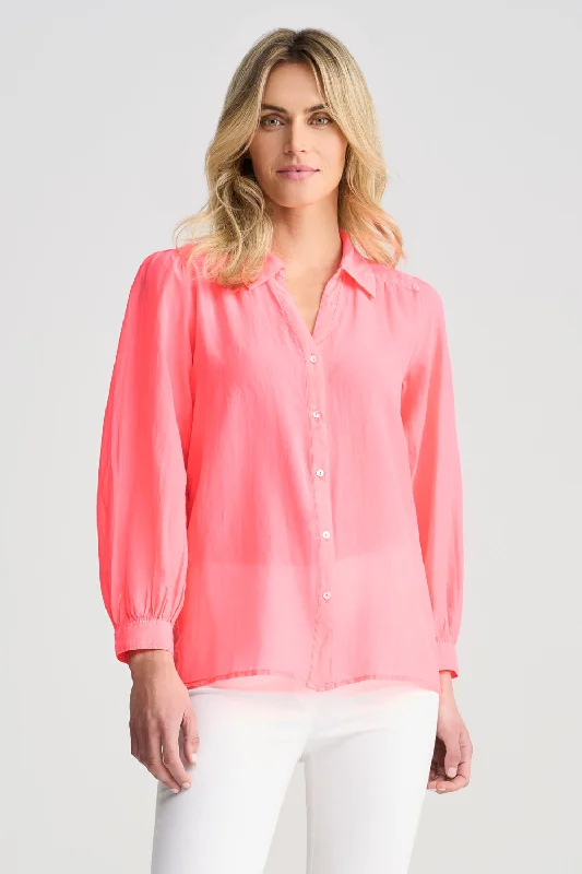 Elegant women's topsCotton Silk Blouson Shirt - Neon Coral
