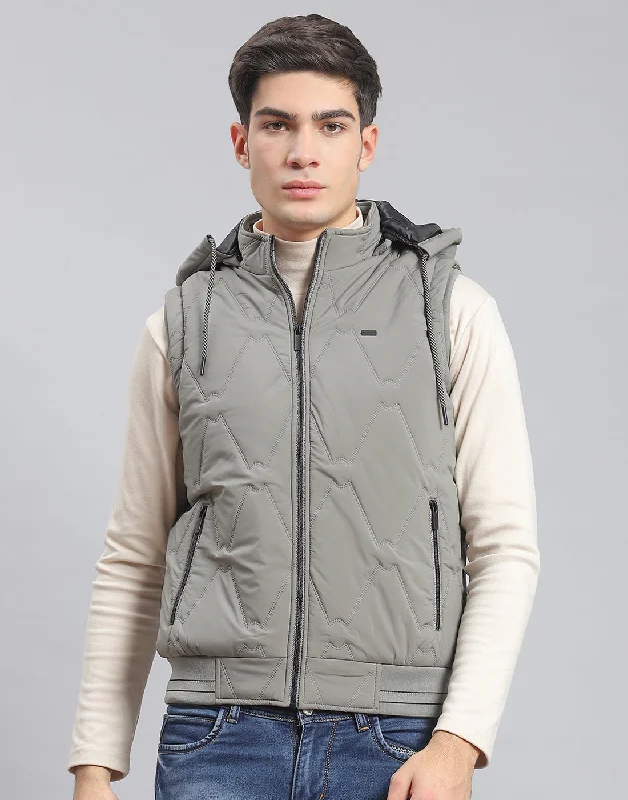 men's Chesterfield coats with velvet collarsMen Grey Solid Hooded Sleeveless Jacket