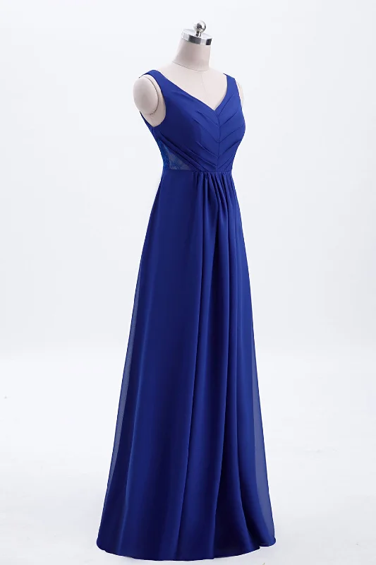 Sleeveless dresses for womenRoyal Blue Pleated A-line Chiffon Long Bridesmaid Dress