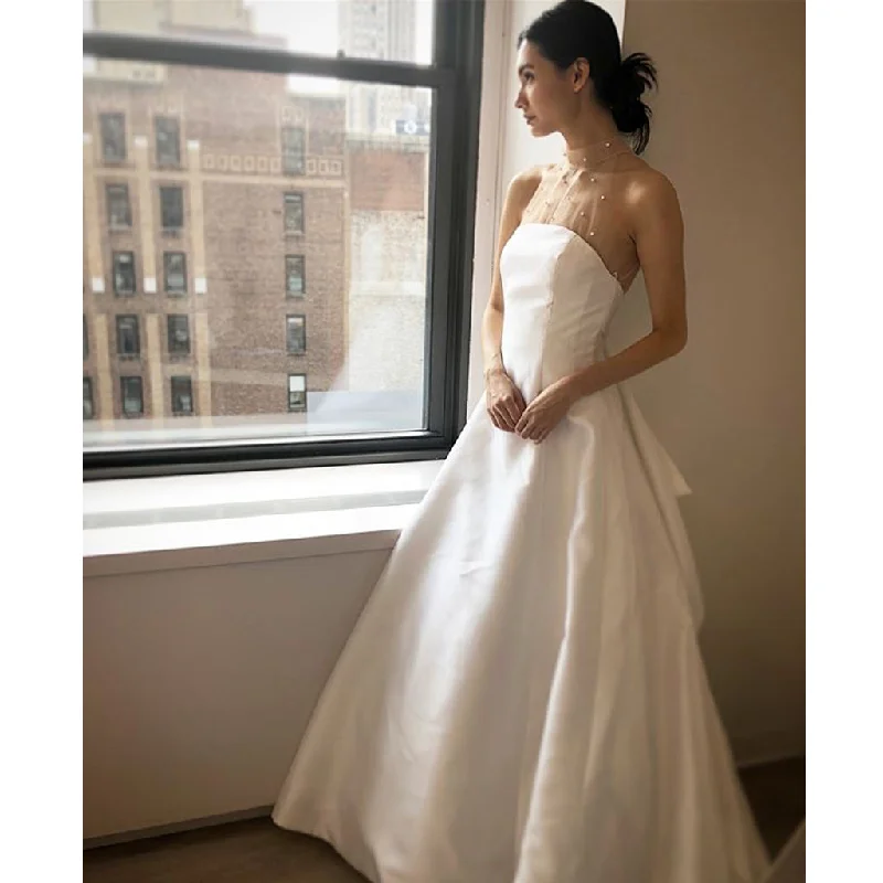 Petite dresses for womenSpecial Tulle A-Line Sleeveless Satin Floor-Length Charming Beaded Wedding Dresses, FC1585
