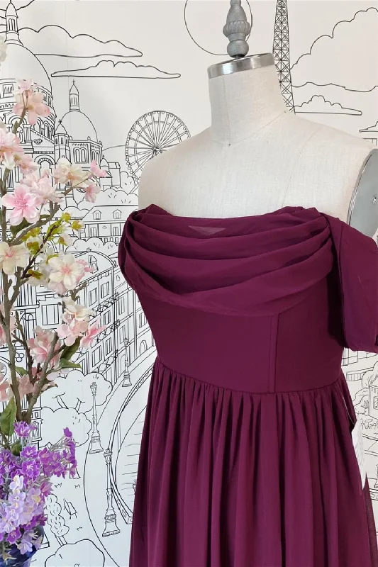 Ruched dresses for womenRaspberry Off-the-Shoulder Cowl Neck Chiffon Long Bridesmaid Dress