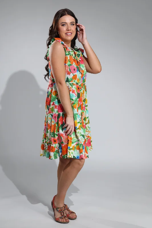 Little red dresses (LRDs) for womenColourful Cotton Blend Dress | Orange Green Garden | 6513A1