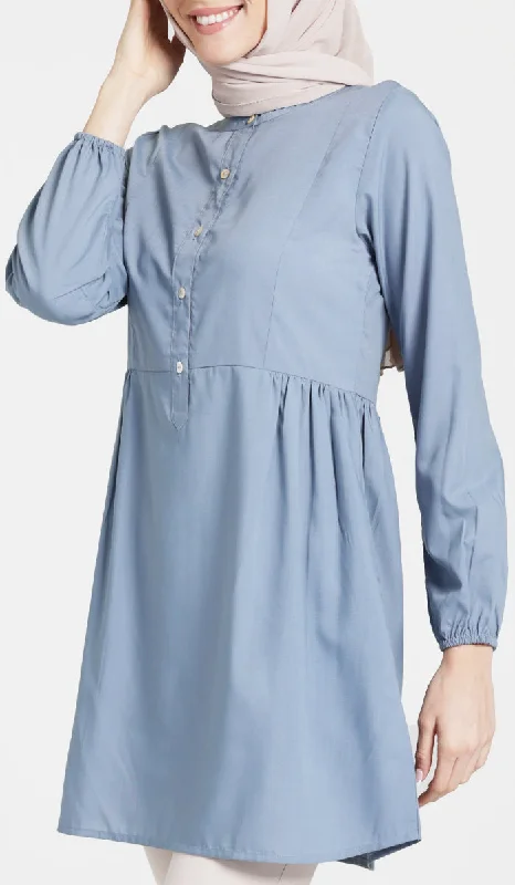 Backless dresses for womenSabra Cotton Feel Modest Button down Tunic - Dusty Blue - Final Sale