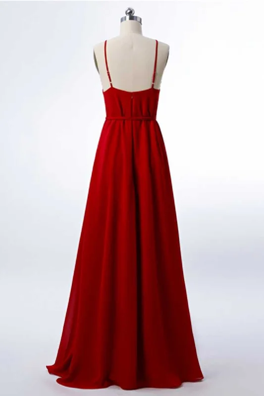 Spaghetti strap dresses for womenRed Chiffon Spaghetti Straps Backless A-Line Bridesmaid Dress with Slit