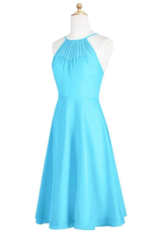 Cap sleeve dresses for womenPool Blue Chiffon Halter Short Bridesmaid Dress