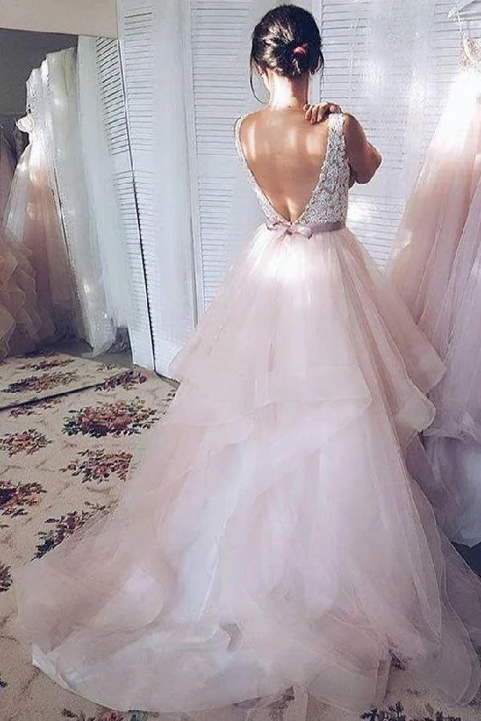 High-slit dresses for womenRoycebridal Light Pink Tulle Ball Gown V-neck Lace Wedding Dresses, Bridal Gowns, MW719