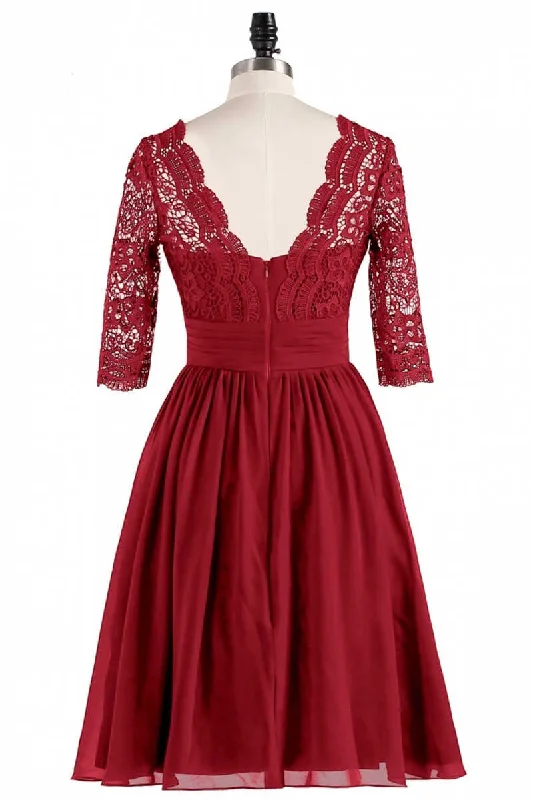 V-neck dresses for womenRed Lace V-Neck Backless Short Bridesmaid Dress