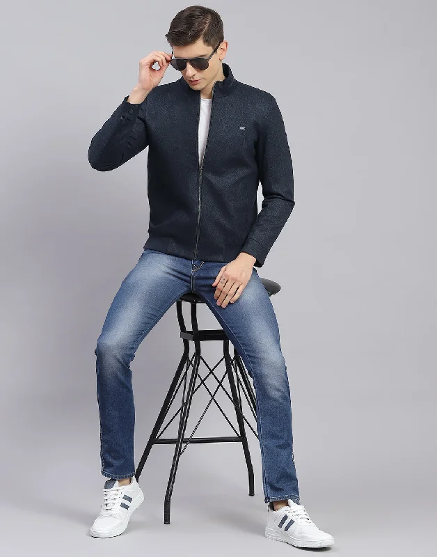men's bomber jackets with padded shouldersMen Blue Self Design Stand Collar Full Sleeve Jacket