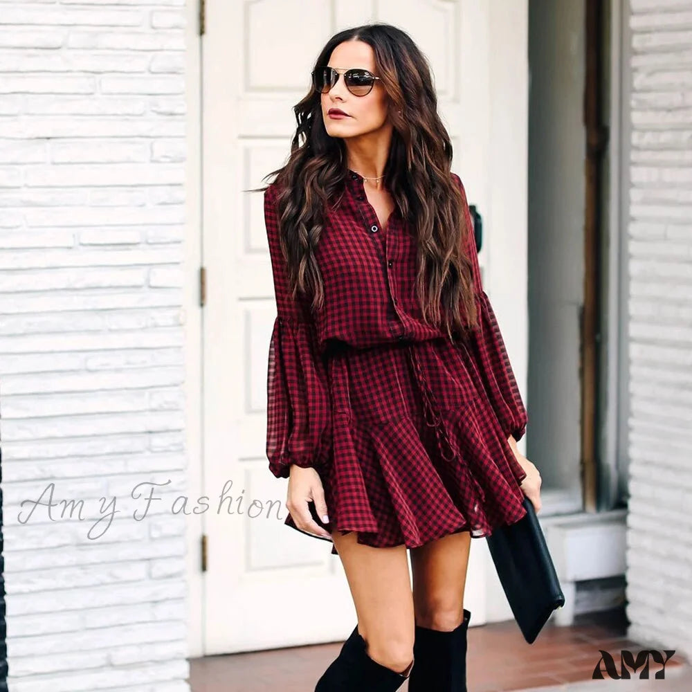 Short-sleeved dresses for womenAmy Fashion - New Cotton Casual Fashion Lantern Sleeve Plaid Check Dress