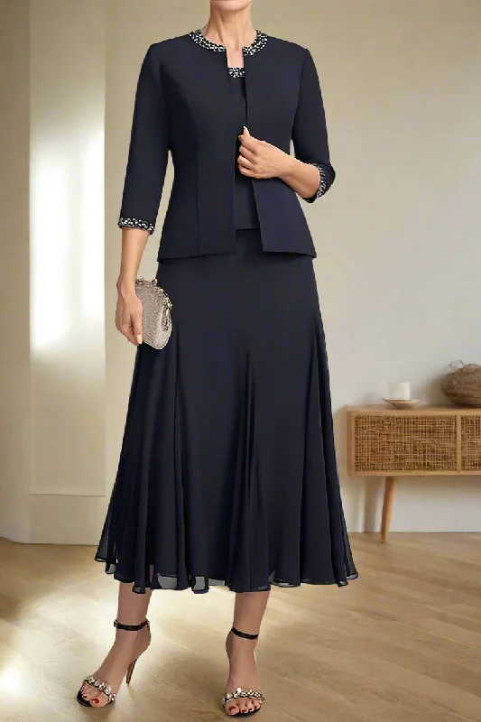 Satin dresses for womenElegant Tea Length Chiffon Beading 3 Piece Mother of the Bride Dress