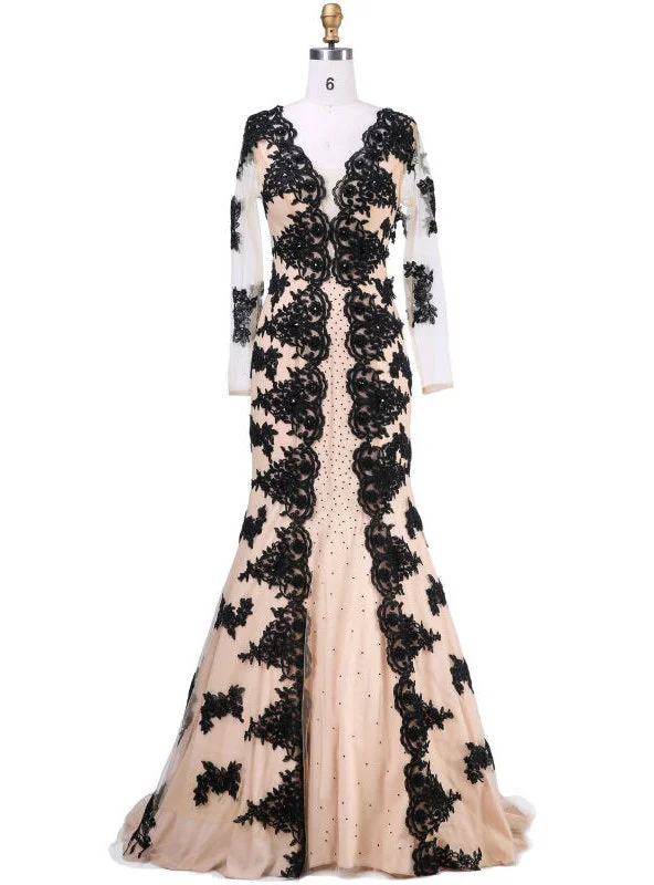Embroidered dresses for womenMother of the bride dresses New with Douple V Long Sleeve Appliques Stone Black Lace
