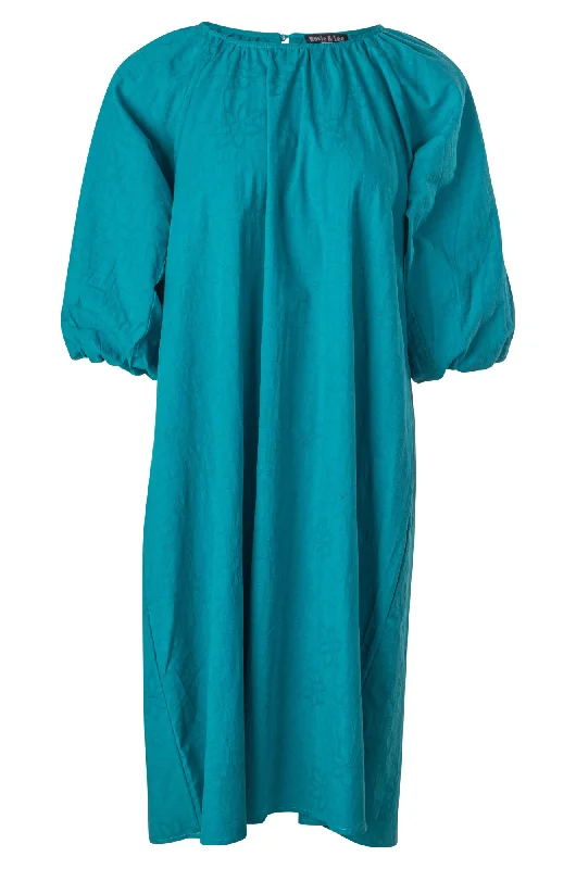 Lantern sleeve dresses for women100% Cotton Jacquard Flower Dress | TEAL | 6127A1