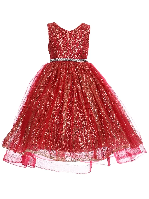 One-shoulder dresses for womenBig Girls Burgundy Gold Glitter Tulle Sleeveless Junior Bridesmaid Dress 8-14