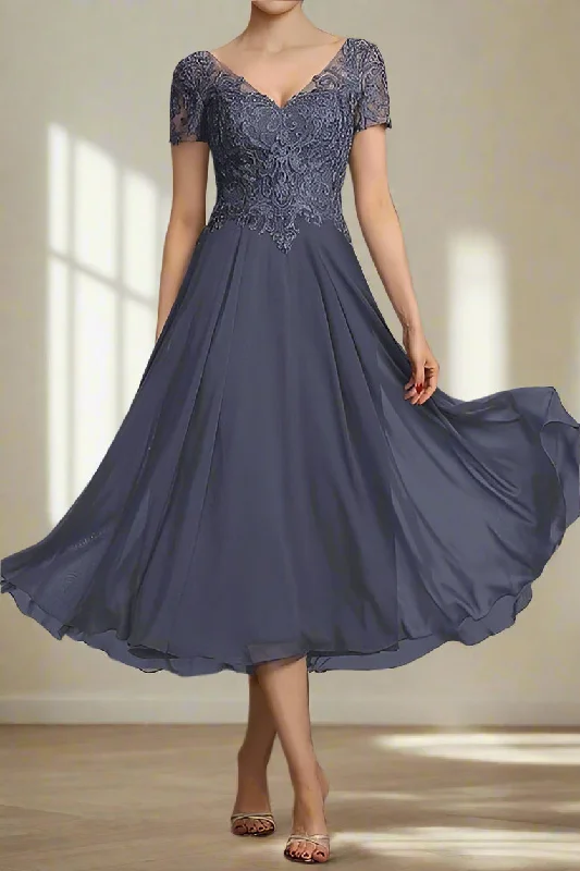 Corduroy dresses for womenTea Length Stormy V Neck Chiffon Mother of the Bride Dress
