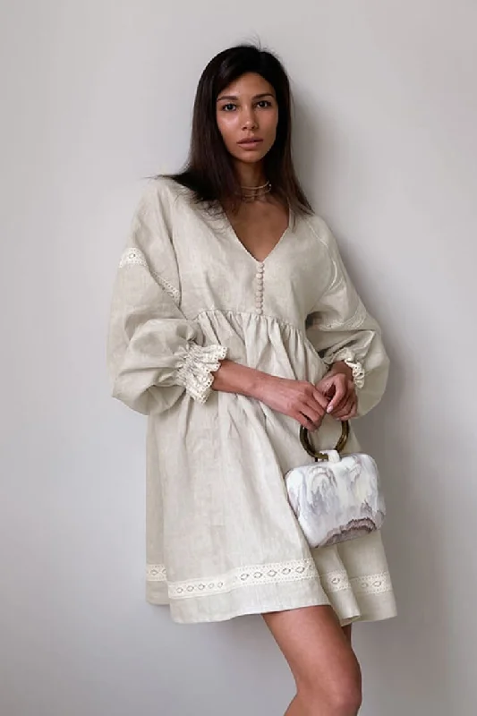 Godet dresses for womenFrench V Neck Balloon Sleeve Empire Waist Linen Blend Babydoll Mini Dress