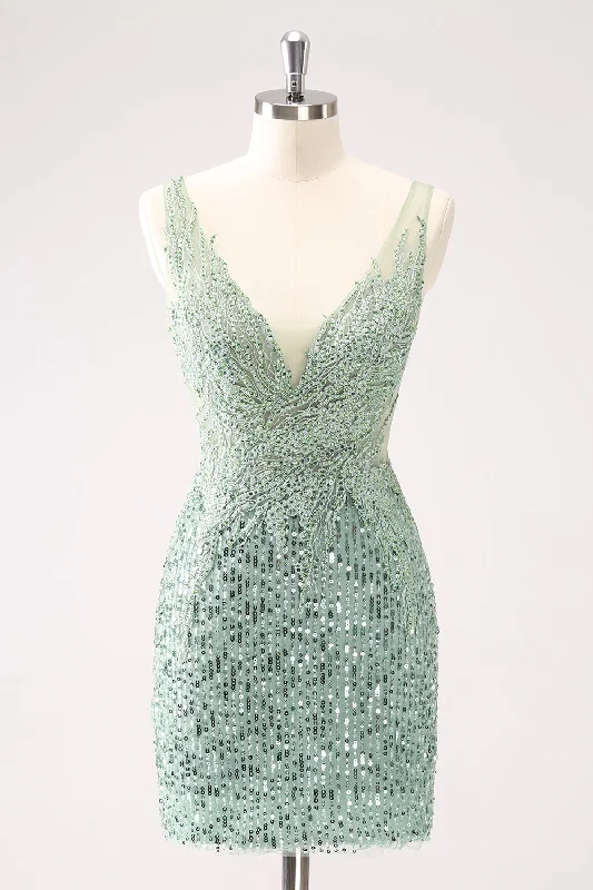 High-low hem dresses for womenSparkly Green Bodycon V Neck Sequin Short Homecoming Dress with Beading High-low hem dresses for womenSparkly Green Bodycon V Neck Sequin Short Homecoming Dress with Beading