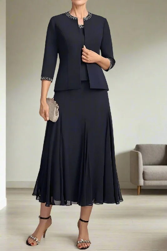 Wrap dresses for womenElegant Dark Navy A-Line 3 Piece Mother of the Bride Dress