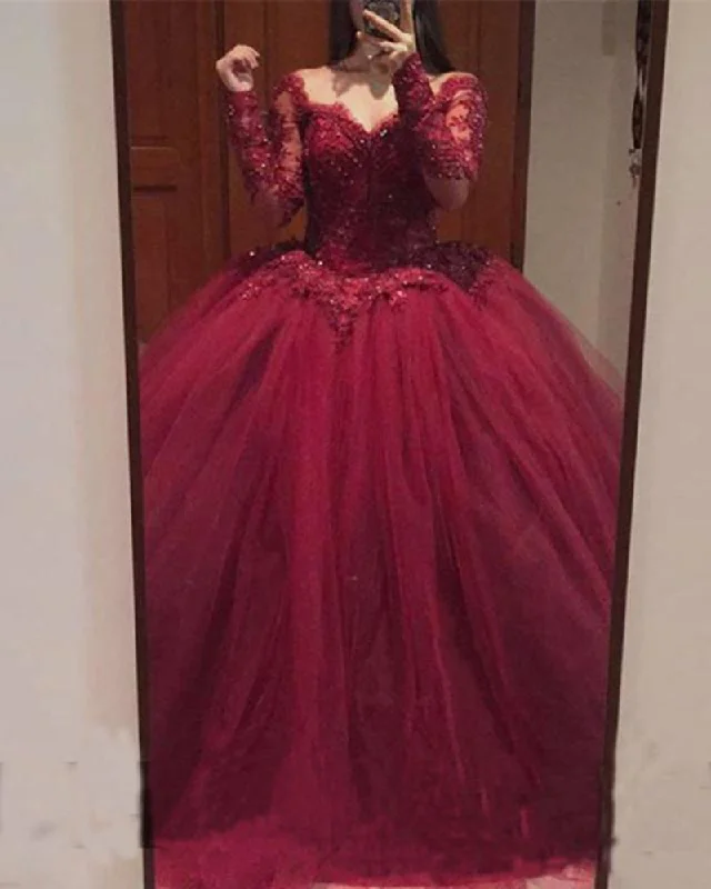 Solid color dresses for womenBurgundy Long Sleeves Quinceanera Dress Sweet 15 Dresses Ball Gown Wedding Gown PL2150