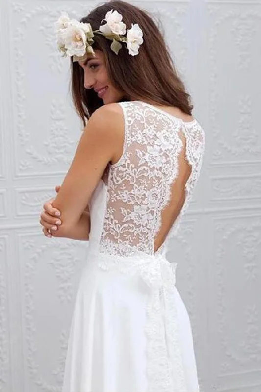 Dancewear dresses for performancesRoycebridal Cheap Simple Chiffon Lace Open Back White Wedding Dresses, Beach Wedding Dress, MW122