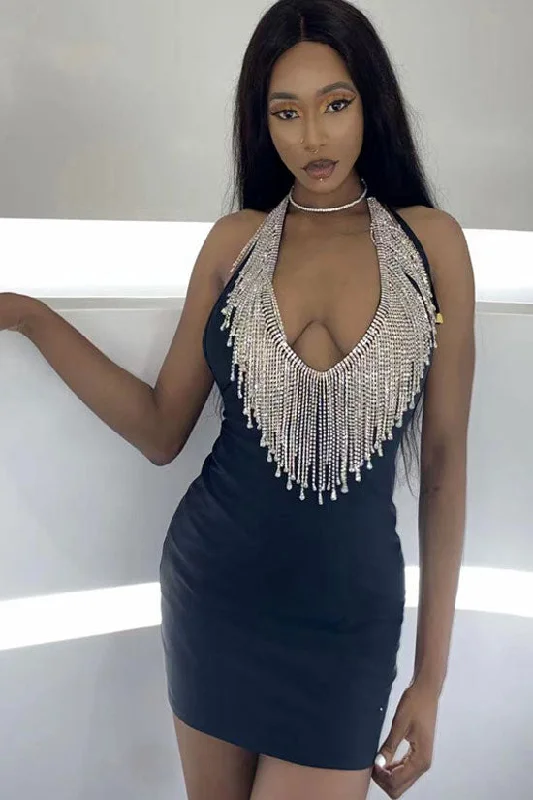 Wrap dresses for womenSparkly Rhinestone Fringe Deep V Neck Halter Bodycon Party Mini Dress - Black