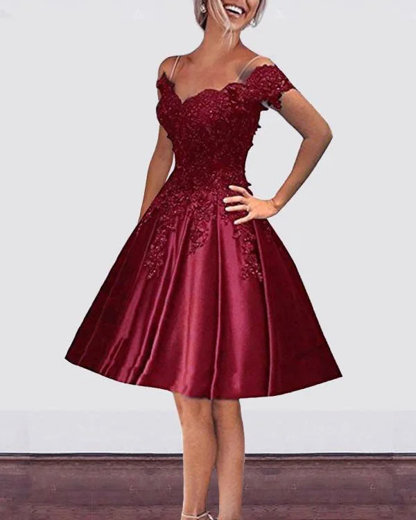 Lantern sleeve dresses for womenoff the Shoulder Lace Burgundy Wedding Dress Short Prom DressWD541