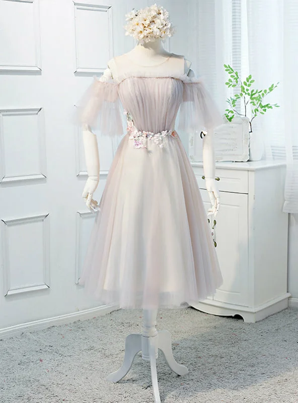 Godet dresses for womenPink Tulle Appliques Short Bridesmaid Dress
