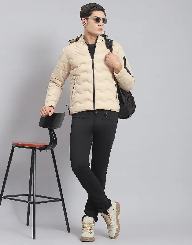 men's waterproof parkasMen Beige Solid Hooded Full Sleeve Jacket