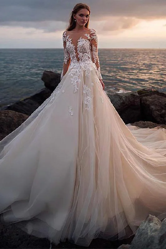 Peplum dresses for womenRoycebridal Ivory Tulle Lace Long Sleeves Beach Wedding Dresses With Illusion Neck, MW716
