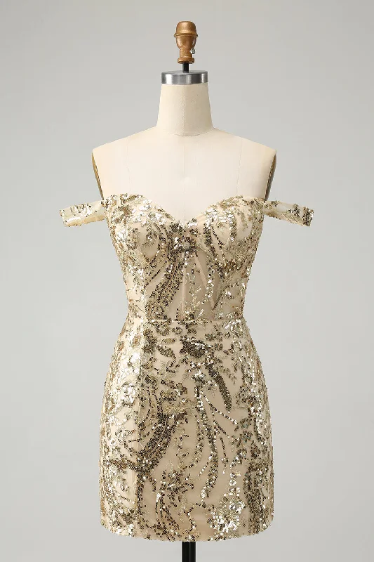 Summer dresses for hot weatherSparkly Golden Bodycon Off The Shoulder Corset Homecoming Dress with Sequins Summer dresses for hot weatherSparkly Golden Bodycon Off The Shoulder Corset Homecoming Dress with Sequins