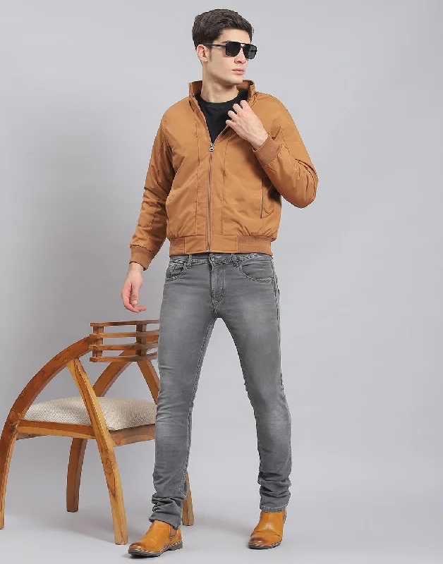men's patchwork denim jacketsMen Brown Solid Stand Collar Full Sleeve Jacket