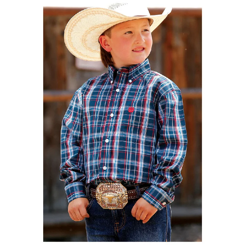 Asymmetric women's topsMTW7060283 Cinch Boys Navy Plaid Long Sleeve Western Button Shirt