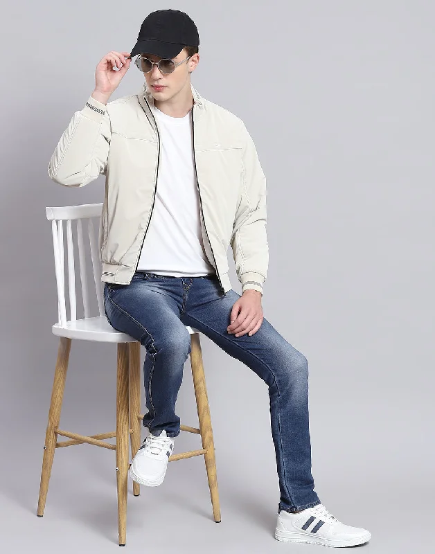 men's three-piece suits with blazersMen Beige Solid Stand Collar Full Sleeve Jacket