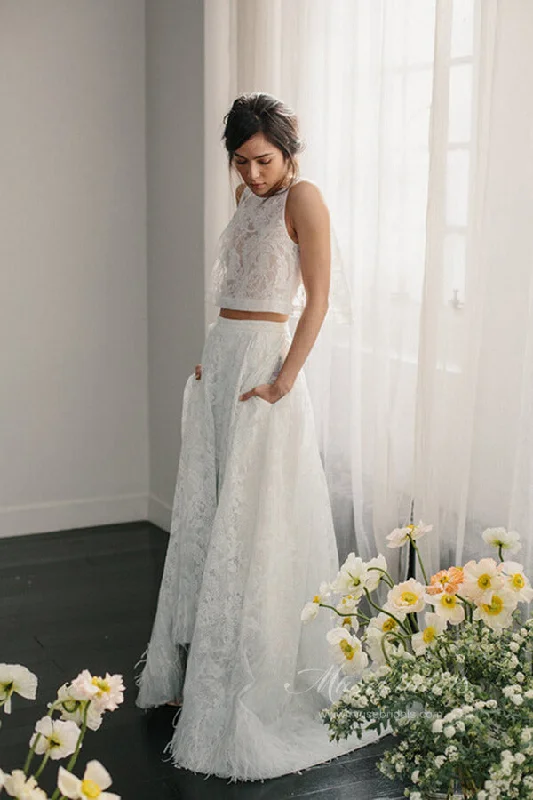 Designer dresses for high-end fashionRoycebridal Ivory Lace Two Pieces Halter Open Back Wedding Dresses with Pockets, MW649
