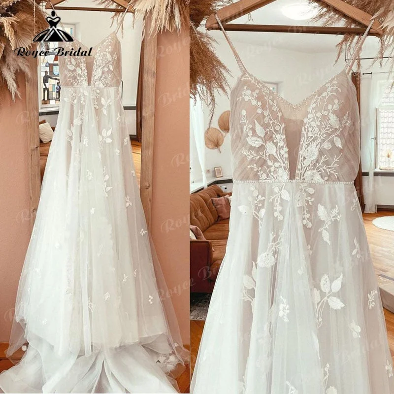 Long flowy dresses for womenRoycebridal vestido  novia Lace Appliques V Neck A Line Boho Wedding Dress Spaghetti Straps Beach 2025 trouwjurk Robe Bridal Wedding Gowns