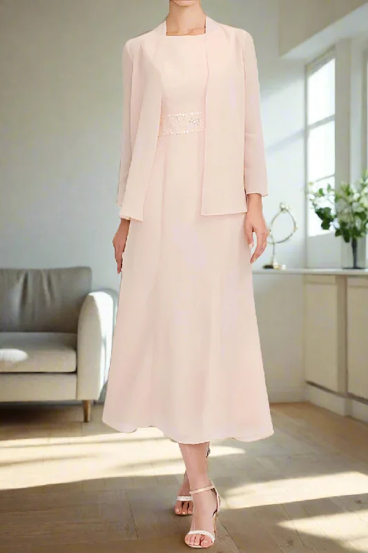Backless dresses for womenTea Length Chiffon Two Piece A Line Mother of the Bride Dress