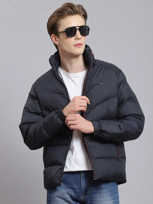 men's leather jacketsMen Navy Blue Solid Hooded Full Sleeve Jacket