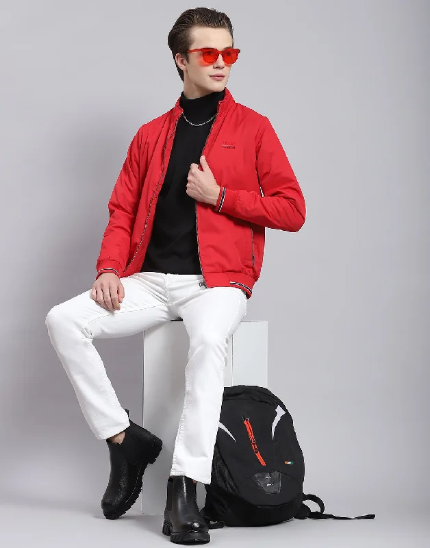 men's quilted leather jacketsMen Red Solid Stand Collar Full Sleeve Jacket
