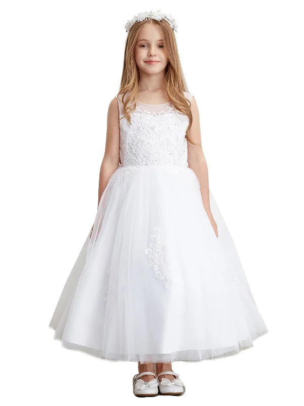 Peplum dresses for womenBig Girls White Illusion Neckline Lace Appliques Junior Bridesmaid Dress 8-18