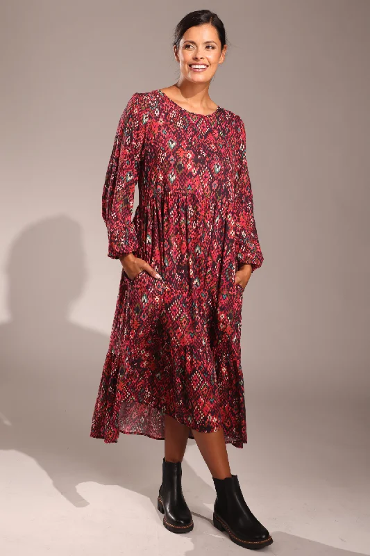 High-neck dresses for womenPrinted Cotton Rayon Dress | Berry Mosaic | 6541ZZ