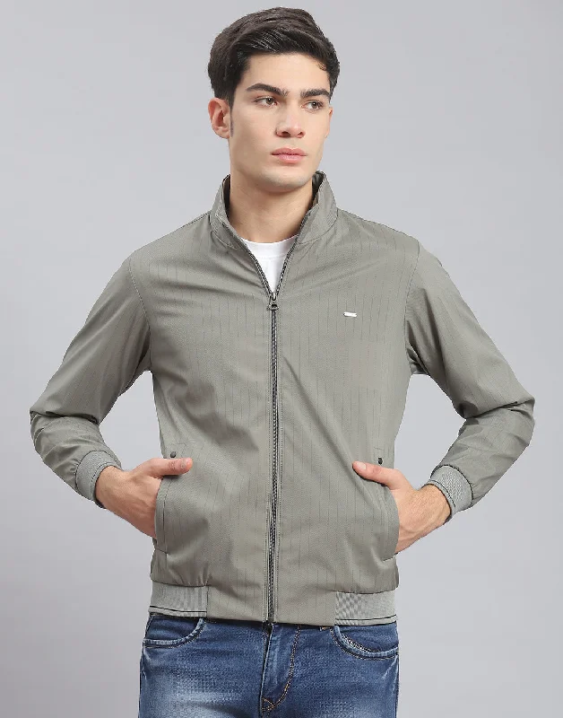 men's leather jackets with zippersMen Green Stripe Stand Collar Full Sleeve Jacket