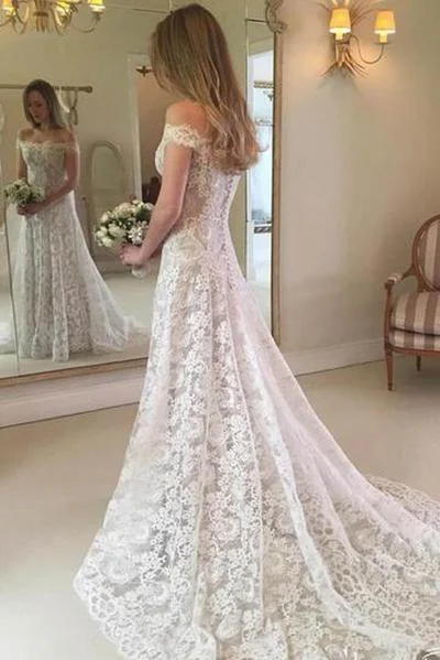 Halter dresses for womenRoycebridal Rustic Boho Off the Shoulder Lace Wedding Dress,MW279