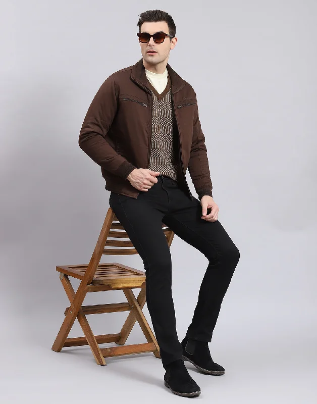 men's button-down tailored jacketsMen Brown Solid Collar Full Sleeve Jacket
