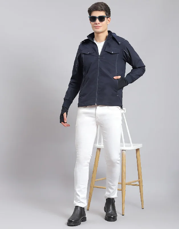 men's wool car coatsMen Navy Blue Solid Hooded Full Sleeve Jacket