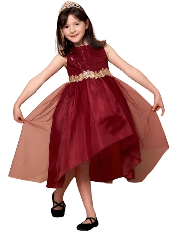 Cap sleeve dresses for womenBig Girls Burgundy Sequin Bodice Hi Low Junior Bridesmaid Dress 8-16