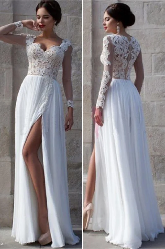 Cocktail dresses for womenRoycebridal Elegant Long Sleeve Lace White Tulle Wedding Dresses, Bridal Dress, MW138