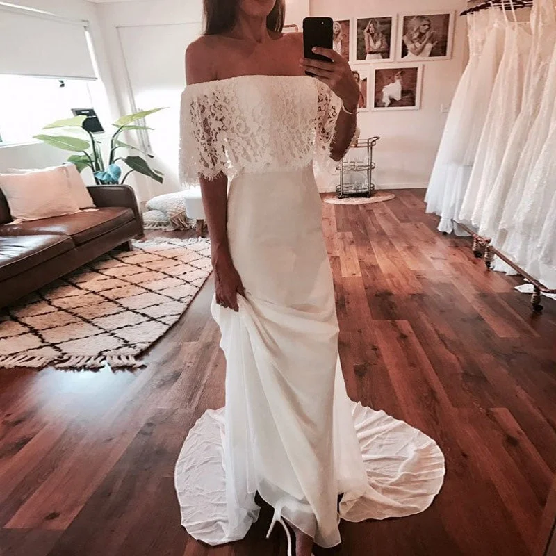 Leather dresses for womenOff Shoulder Chiffon Cheap Bridal Dress, Gorgeous Lace Sheath Bridal Dress, LB0796