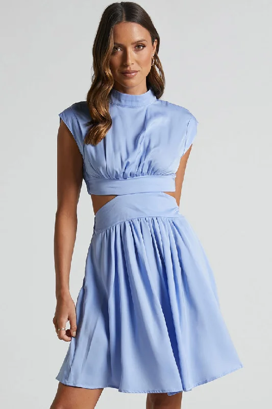 Evening women's dressesFlowy High Neck Ruched Trim Cutout Waist Summer Mini Sundress - Light Blue