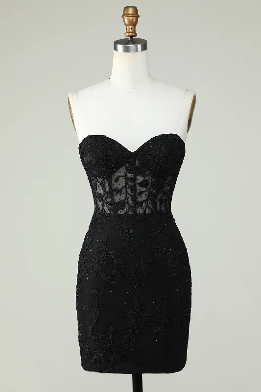 Cotton dresses for everyday wearBodycon Black Sweetheart Corset Short Homecoming Dress with Appliques